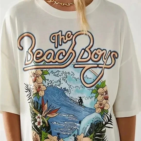 SOLD OUT Ivory The Beach Boys Tropical Beach Graphic Short Sleeve Oversized - Picture 2 of 4